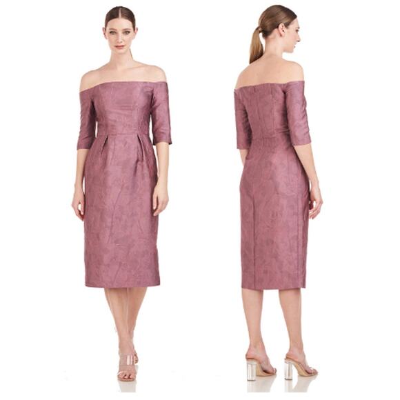 Kay Unger Brinley Off Shoulder Jacquard Sheath Midi Formal Dress Primrose 2 NWT - Picture 12 of 12